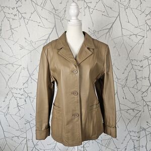 Passport Beige Genuine Leather Button Front Blazer Jacket